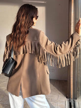 Aurohaya Solid Color Fringed Blazer for Women Elegant Casual Buttoned Long Sleeve Loose Jacket with Pockets